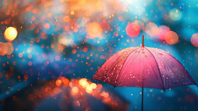 07250736 115. An artistic representation of a rainy scene, where umbrellas are blurred out amidst a sea of bokeh lights, creating a soothing background with clear space for text