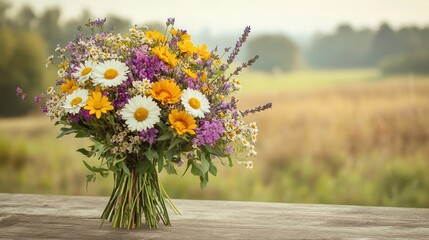 A beautiful arrangement of wildflowers featuring daisies, sunflowers, and lavender, displayed outdoors in a serene countryside setting. Generative AI