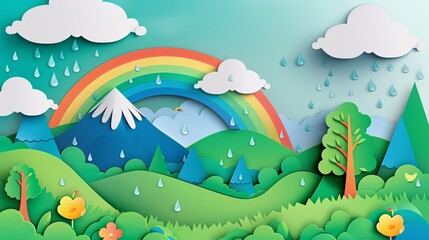 Obraz premium 07250736 119. A serene paper cut style illustration of a green nature landscape, featuring a mountain, a vibrant rainbow, clouds, and gentle raindrops, crafted with 3D digital paper art techniques to