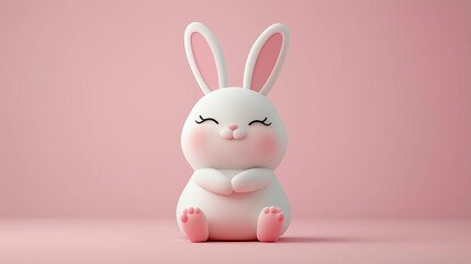Fototapeta premium A cute white bunny with pink ears and cheeks sits happily on a soft pink background, exuding a gentle, serene, and joyful vibe, perfect for creating a soothing and sweet atmosphere.