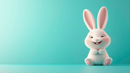Obraz premium A cute, fluffy white bunny sitting happily against a soft turquoise background. Ideal for representing innocence, joy, and simplicity with a playful and heartwarming touch.