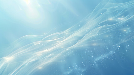 Abstract flowing white and blue waves with snow-like particles on a soft background