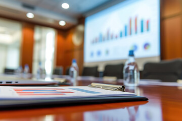 Focused view of a corporate boardroom table set with documents and a clipboard, ready for a business presentation with a data chart projected in the background.