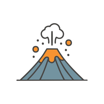 recommend clip art: Volcano eruption icon. Colorful line art illustration of an erupting volcano with smoke and lava.