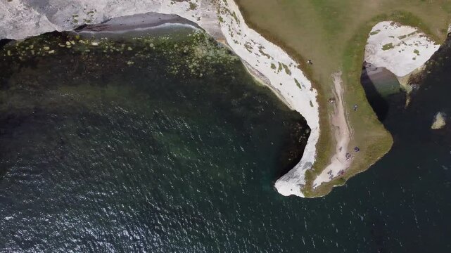 Panning Top Down Vertical Aerial View of Old Harry Rocks Coastline