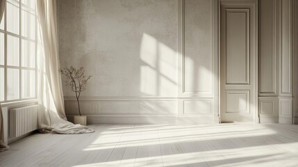 Obraz premium Sunlit Room with White Walls, White Curtains, and Wooden Floor