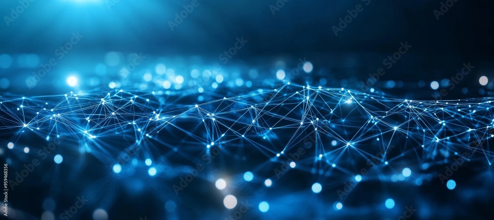 Poster Abstract blue glowing network with connecting lines and nodes with blurred background.