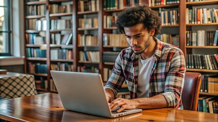 Young Man Working on Laptop in a Library.