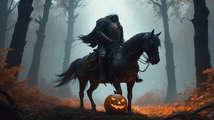 Deep within a dark, fog-filled forest, the headless horseman pauses atop his fearsome steed, holding a grinning jack-o'-lantern high above his shoulders. The forest is dense with twisted trees 
