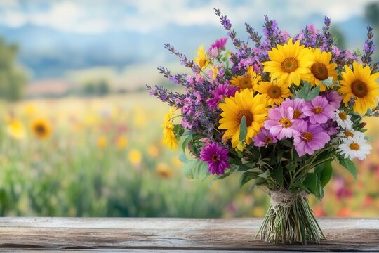 A beautiful rustic bouquet showcases a mix of wildflowers including sunflowers, daisies, and lavender against a lush spring background. Generative AI