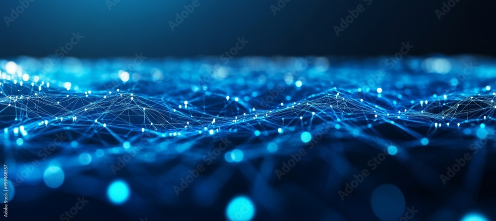 Poster Abstract blue digital network background with glowing particles.