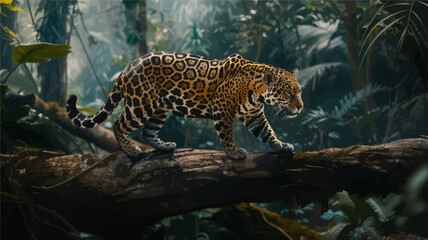 Jaguar on a log in a lush jungle