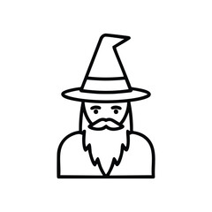 Wizard icon. Line art illustration of a wizard with a pointed hat and beard.