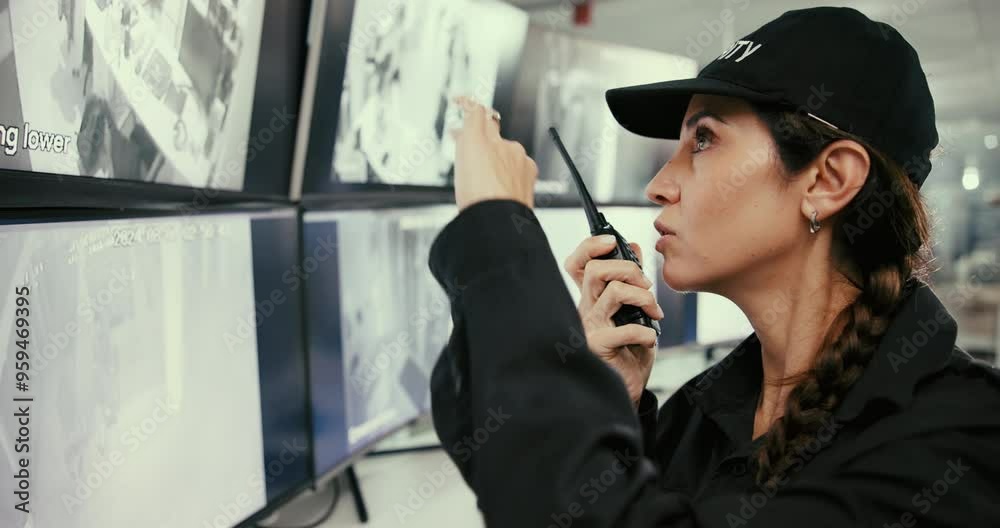 Poster security guard, monitor and radio with woman in control room for safety management, evacuation proto