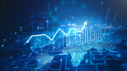 Digital financial data with rising graph and world map in blue tones