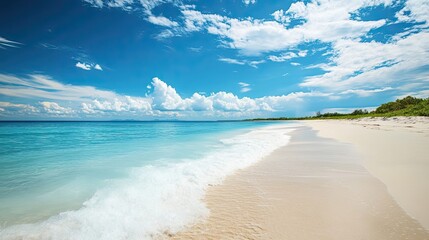 Fototapeta premium Tranquil Beach Scene with Foamy Waves and Blue Sky