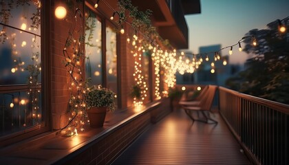 String lights illuminate a cozy balcony with a view of the city