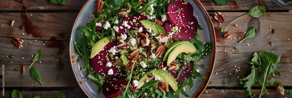 Sticker Vibrant Salad Featuring Leafy Greens, Beetroot, Avocado, Feta, Walnuts, and Sesame Seeds