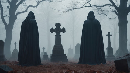 In the heart of a foggy graveyard, a phantom with a flowing, ragged cloak drifts among the ancient tombstones. The cloak’s fabric billows and swirls in the mist, making the phantom appear