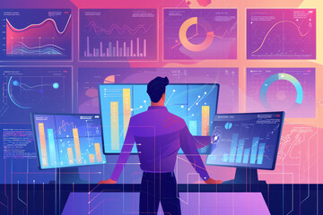 A futuristic illustration portraying a tech professional surrounded by multiple screens displaying advanced data analytics, signifying high-level data management and complex analysis.