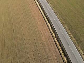 Aerial view of a road in the countryside in spring