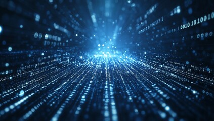 Abstract digital data stream with binary code glowing in the dark blue background, resembling a futuristic tunnel or vortex.