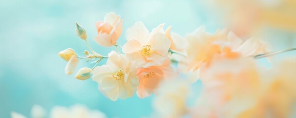 Fototapeta premium Soft Pink Flowers on a Blue Background.