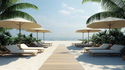 Beachfront Lounge Chairs with Umbrellas and Wooden Pathway