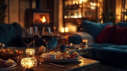 Fototapeta premium A cozy lounge with wine glasses and tapas plates on a luxurious table