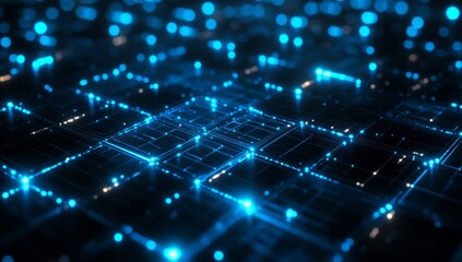 Abstract digital grid with glowing blue lines and dots on a black background, representing data flow and connection.