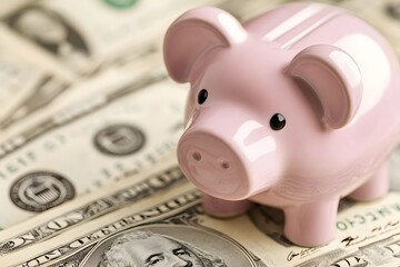 Pink Piggy Bank Resting on US Dollar Bills