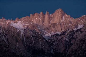 USA, California, Sierra Nevada Mountains. Alpenglow on Mt. Whitney at sunrise.