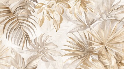 07250736 168. An elegant tropical wallpaper pattern with an assortment of palm and monstera leaves in various shades of neutral colors, including off-white, light brown, and pale grey; the delicate