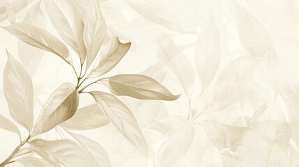 07250736 170. A minimalist tropical wallpaper featuring abstract leaves and branches in a harmonious palette of neutral colors, including light taupe, soft cream, and gentle ivory; the design is