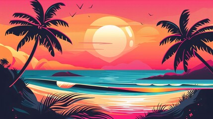 07250736 172. A detailed flat design summer banner showcasing an 80s-inspired sunset with vivid colors; the abstract beach scene includes silhouettes of palm trees, rolling ocean waves, and a bright