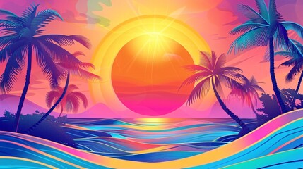 Obraz premium 07250736 173. An eye-catching 2D illustration of a colorful summer banner with a retro 80s sunset theme; the tropical beach landscape features stylized palm trees, a radiant sun with gradient hues,
