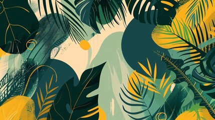 07250736 179. A visually striking abstract tropical background featuring a mix of organic shapes and lush greenery; the design incorporates bold, flowing lines and intricate leaf patterns, creating a
