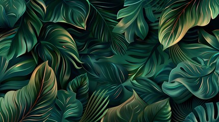 Fototapeta na wymiar 07250736 179. A visually striking abstract tropical background featuring a mix of organic shapes and lush greenery; the design incorporates bold, flowing lines and intricate leaf patterns, creating a