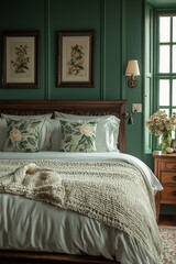 A cozy bedroom with a plush white bed,  floral patterned pillows, and a thick knitted throw.