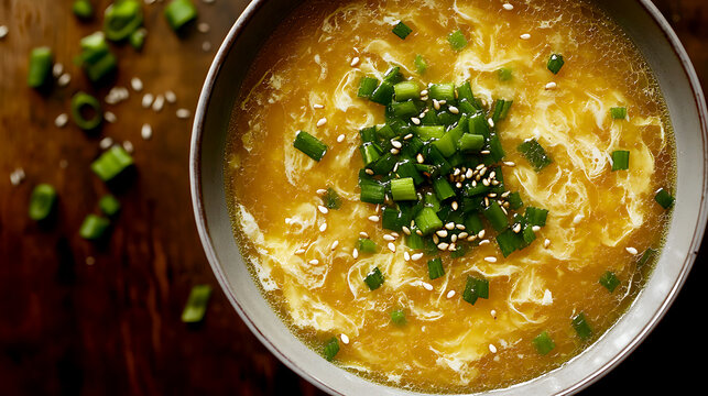 bowl of silky egg drop soup, garnished with chopped scallions and a drizzle of sesame oil