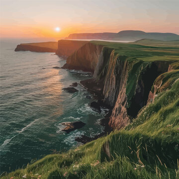 Sunset overlooking rugged coastline with cliffs and ocean waves