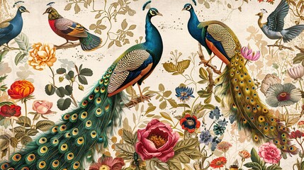 07250736 187. A vintage-style fine art canvas with a hand-painted depiction of colorful peacocks and various birds surrounded by an array of flowers and foliage; the illustration is rich in detail