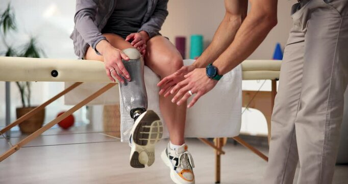 Person with a disability, feet and physiotherapy with prosthetic leg, amputee and wellness center. People, support and patient at rehabilitation clinic for healthcare, advice or physical examination