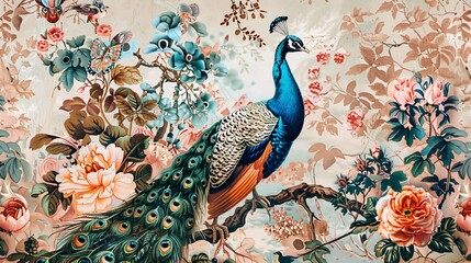 07250736 190. A beautifully crafted hand-drawn and hand-painted vintage-style fine art canvas depicting peacocks and various birds among lush floral arrangements and botanical elements; the colorful
