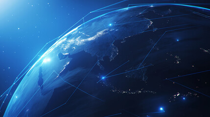 Abstract digital planet Earth with glowing global network connections, blue frosted glass and white acrylic elements, set against a clean dark background. High-detail 8K rendering with data visualizat