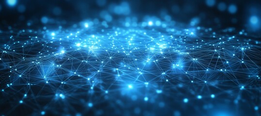 Abstract blue digital network background with glowing dots connected by lines.