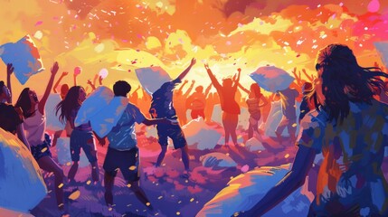 Illustrate a colorful pillow fight festival at sunset, with a crowd of participants joyfully battling with pillows, surrounded by playful decorations and lights.