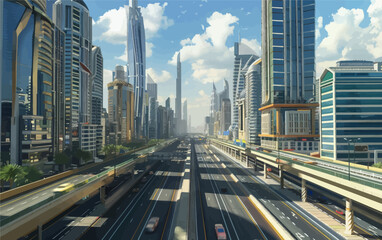 Fototapeta premium Urban Skyline with Highway and Tall Buildings