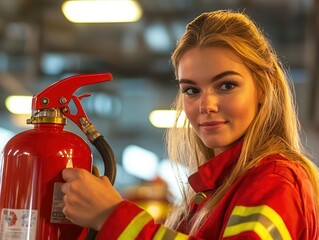 Female firefighter demonstrating the use of a fire extinguisher, fire station setting, safety training