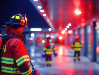 Emergency lights flashing at a fire station, firefighters with extinguishers ready to deploy